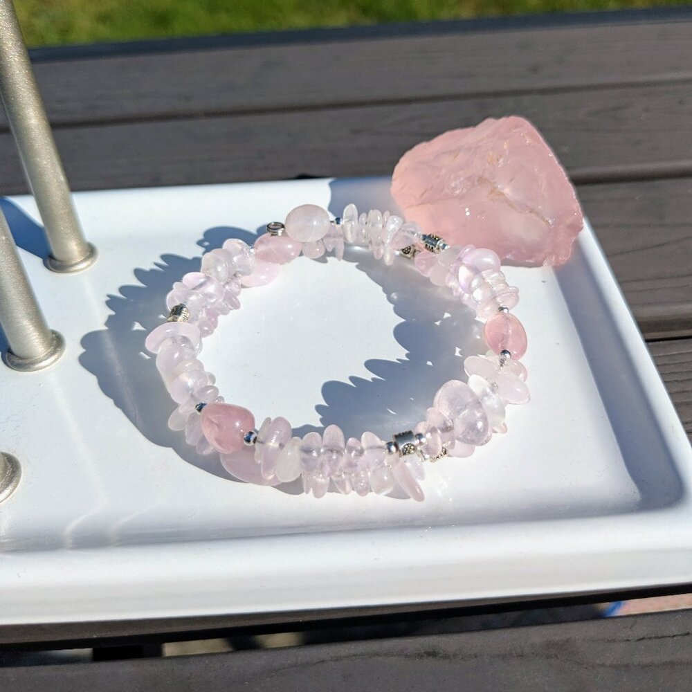 Pink Rose Quartz Gemstone Memory Wire Bracelet